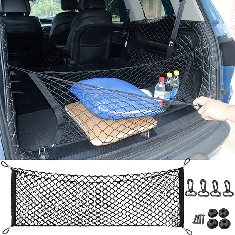 Geweeco Car Rear Cargo Net, Universal Adjustable Elastic Trunk Cargo Storage Organizer Net Compatible for SUV, Jeep, Truck, Storage Nylon Mesh Double-Layer with Hooks (35.4 x 15.7 Inch) - Image 2